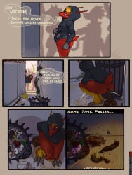 3:4 absurd_res alley anthro anus blaziken bodily_fluids bottomless butt clothed clothing comic crouching dialogue ember_(blazikem) english_text feces feces_pile flies_for_smell generation_3_pokemon genital_fluids hi_res hoodie male nintendo peeing pokemon pokemon_(species) pooping scat smellyroob solo text time_skip topwear trash urine urine_stain watersports