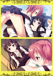 2girls black_hair cunnilingus female hair inu_x_boku_ss long_hair multiple_girls natsukon open_clothes open_shirt oral pink_hair rape roromiya_karuta shirakiin_ririchiyo shirt tear wet_panties yuri