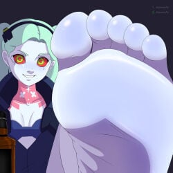 1girl 1girls absurdres babe barefoot best_feet best_girl blue_body cute_female_feet cyberpunk:_edgerunners cyberpunk_(series) cyberpunk_2077 feet female_focus female_only foot_fetish foot_focus foot_play foot_worship green_hair highres kosmicfu looking_at_viewer pale-skinned_female pigtails presenting_feet rebecca_(edgerunners) sexy_feet sexy_female showing_feet smiling_at_viewer soft_feet soft_soles soles soles_fetish solo_female toes