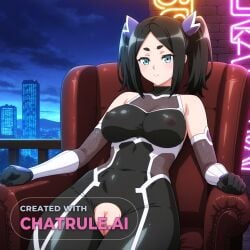 1girl ai_assisted ai_generated armor bare_shoulders black_bodysuit black_hair blue_eyes city cityscape clouds cowboy_shot crotchless curvy dark_theme detailed_pussy elbow_gloves fishnets futoku_no_guild gloves hair_ornament high_contrast kagami_hirotaka koukawa_oboro long_hair looking_at_viewer neon_lights night night_sky outdoors sitting_on_chair soft_shading taimanin_asagi_zero taimanin_suit thick_eyebrows thigh_gap twintails visible_pussy
