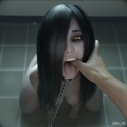 1boy 1girls 3d chain_leash collar collared ghost ghost_girl gspx_3d inminent_blowjob open_mouth perky_breasts sadako_yamamura submissive submissive_female thick_thighs thumb_in_mouth tongue tongue_out