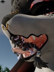 3:4 3d_(artwork) absurd_res anthro areola black_body black_hair bodily_fluids breast_tattoo breasts canid canid_demon canine demon digital_media_(artwork) duo ear_piercing eyebrow_piercing eyelashes eyeliner facial_markings facial_piercing female freckled_face freckles genitals hair head_markings hellhound hi_res hound_helldan hybrid in_mouth jennifer_(hound_helldan) long_hair looking_at_viewer makeup mammal markings multicolored_body mythological_canine mythological_creature mythology nipples novabeast open_mouth piercing pubic_tattoo purple_eyes saliva saliva_on_body saliva_on_breasts saliva_on_butt saliva_on_face saliva_on_tongue saliva_string soft_vore solo spread_legs spreading sweat tattoo vore vulva watermark wet wet_body white_areola white_body white_nipples white_vulva