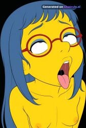 1girl ahegao_face ai_assisted ai_generated blue_eyebrows blue_hair detailed_face flat_colors high_angle huge_eyes long_hair luann_van_houten naked petite_breasts red_glasses small_breasts visible_breasts visible_nipples yellow_skin