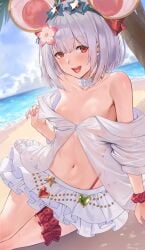 1girl :d animal_ears areola_slip bare_shoulders beach bikini bikini_skirt blue_gemstone blue_sky blush bow breasts bridal_garter brooch choker clothing cloud collarbone day deras eyewear_on_head fake_animal_ears female flower frilled_choker frilled_skirt frills gem granblue_fantasy green_gemstone grey_hair hair_flower hair_ornament heart_brooch highleg jewelry looking_at_viewer medium_hair microskirt miniskirt mouse_ears nail_polish navel nipples ocean off_shoulder open_mouth open_shirt outdoors palm_tree pink_flower pink_nails red_bow red_eyes red_gemstone red_scrunchie sand scrunchie see-through see-through_shirt shirt shore short_hair sitting skirt sky small_breasts smile solo star-shaped_eyewear stomach sunglasses swimsuit thigh_strap thighs tree twitter_username vikala_(granblue_fantasy) water wet white_hair white_shirt white_skirt wrist_scrunchie