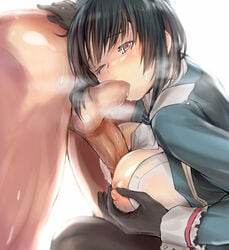 1boy ball_sucking beret black_gloves black_hair breasts female gloves hat kantai_collection large_breasts male military military_uniform nipples paizuri red_eyes reverse_paizuri sabaku_no_tanuki short_hair straight takao_(kantai_collection) uniform