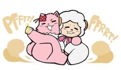 amagi_brilliant_park anthro beckoning blush bodily_fluids bovid bovine bow_(feature) bow_ribbon butt canid canine canis caprine digital_media_(artwork) domestic_dog drooling drunk duo english_text exclamation_point fart fart_cloud fart_fetish flower fur gesture hand_on_chest hand_on_shoulder horn hug looking_at_viewer looking_back looking_down looking_pleasured macaron_(amagi_brilliant_park) male mammal onomatopoeia overweight overweight_male pink_body pink_fur plant pomeranian sacredsun519 saliva sheep simple_background sound_effects spitz substance_intoxication text tirami toasting tree white_background white_body white_fur white_fur_tuft white_wool wool_(fur)
