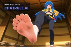 1girl ai_assisted ai_generated anime_screencap barefeet belt big_feet black_pants blue_hair dark_skin dirty_feet from_below full_body hands_on_hips hinanawi_tenshi long_hair long_sleeves long_toes looking_at_viewer navel presenting_foot red_eyes screencap sole_focus standing standing_on_one_leg stinky_feet sweaty_feet tenshi_hinanawi twintails yellow_jacket