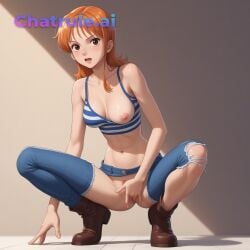 1girl 8k absurd_res accessories ai_assisted ai_generated beautiful boots brown_eyes close_up cowboy_shot crop_top depth_of_field face_focus fingering hand_on_own_hip high_detail high_res hires jeans jeans_down legs_open lights_off lipstick looking_at_viewer looking_back_at_viewer masturbating midriff moaning model_pose nami narrow_waist nip_slip one_piece open orange_hair parody perfect_anatomy perky_nipples pinup posing pubic_hair pussy_exposed realistic simple_background solo squatting upper_body