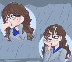 1girls blowjob blush blush_lines blushing closed_eye cosplay cum_in_hair cum_on_face cum_on_hair eating_cum fellatio gift_art glasses licking_cum long_hair penis rain real_person rndmpa simple_background sweat sweater trans trans_woman transfem wink
