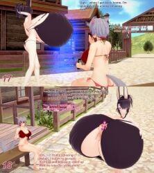 3girls bikini black_hair cat_ears cat_tail commission english_text final_fantasy final_fantasy_xiv gray_hair helisent_woode huge_breasts hyper_breasts koikatsu miqo'te oc original_character phone pink_hair rabbit_ears reality_warping shrinking shrunken_female swimsuit text thracie_isshu viera xavierhuge yae_yoshizawa