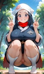 ai_generated akari_(pokemon) big_breasts blue_eyes blue_hair bottomless emblem exposed_crotch exposed_pussy headwear ink_model large_breasts long_hair looking_at_viewer nervous_smile nintendo no_panties obi peace_sign pokemon pokemon_legends:_arceus scarf smile smiling squatting vulva white_socks