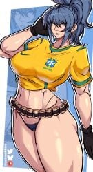 1girls antonubbies big_breasts blue_eyes blue_hair king_of_fighters leona_heidern light-skinned_female light_skin long_hair pale-skinned_female pale_skin ponytail