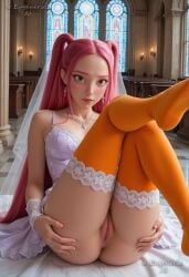 1girl ai_generated artist_name ass ass_grab breasts bridal_veil bride brown_eyes candle church dress earrings eugenericai grabbing_own_ass indoors jewelry kpop_demon_hunters legs_up lips long_hair looking_at_viewer medium_breasts mira_(kpop_demon_hunters) necklace netflix no_panties pink_hair pussy ring sitting solo sony_pictures_animation stained_glass thighhighs twintails uncensored underwear veil wedding_dress