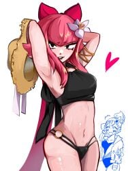 armpits arms_up artist_request bikini_bottom blush bow brawl_stars breasts flower_in_hair hands_behind_head headgear heart holding_object janet_(brawl_stars) long_sleeves looking_at_viewer melodie_(brawl_stars) panties pink_hair slim_waist smile tagme tagme_(artist) thick_thighs topwear voluptuous wide_hips