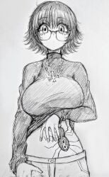 1girl 1girls big_breasts breasts collarbone cross cross_necklace female female_focus glasses greyscale hunter_x_hunter jewelry looking_at_viewer medium_hair monochrome necklace pakupaku_(9fnfniz81owpbzp) pants shizuku_murasaki solo solo_female spider_tattoo standing stomach_tattoo sweater tattoo