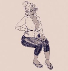 bead_bracelet big_breasts black_and_white black_nails bracelet braless breasts button_down_shirt cleavage commission dark_elf dark_skin dark_skinned_female deep_cleavage elf elf_ears elf_female elf_girl feet female female_only flip_flops foot gilf glasses greyscale hair_up i_wanna_fuck_her_so_bad large_breasts mature mature_female messy_hair milf motherly nails nice_tits nipple_bulge no_bra pointy_ears ring shirt solo solo_female tagme_(artist) tight_pants unbuttoned unbuttoned_shirt white_hair