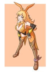 1girls blonde_female blonde_hair bunny_ears bunnysuit cleavage clothed_female ember_celica long_hair long_hair_female mori_kuro purple_eyes rwby solo_female tie_between_breasts yang_xiao_long