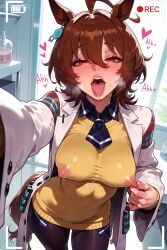 1girl agnes_tachyon_(umamusume) ai_generated animal_ears arzagod big_breasts blush brown_hair horse_ears horse_girl horse_tail jewelry large_breasts nipple_play nipples_visible_through_clothing pantyhose perfect_legs red_eyes short_hair tagme thick_thighs tongue_out umamusume umamusume_pretty_derby