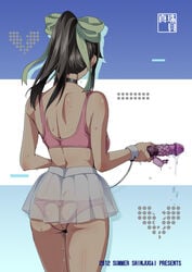 ass_cleavage ass_cutout back_cover bare_shoulders black_hair breasts butt_crack crotchless_clothes crotchless_panties dildo female female_only from_behind hair_ribbon heart_cutout holding human love_plus ponytail pussy_juice ribbon see-through skirt solo sports_bra sweatband takane_manaka takeda_hiromitsu tied_hair