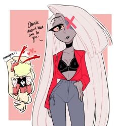 artist_request black_bra bra charlie_morningstar_(hazbin_hotel) female female_focus female_only hazbin_hotel lingerie nosebleed source_request vaggi_(hazbin_hotel) vaggie_(hazbin_hotel)