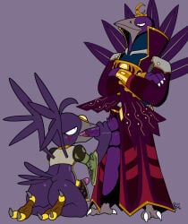 anthro armor avian beak beak_fetish beak_play beak_sex beakjob big_butt billy_hatcher_and_the_giant_egg bird black_eyes bodily_fluids butt clothed clothed_sex clothing corvid corvus_(genus) crow crown dark_corvo_(billy_hatcher) dark_raven_(billy_hatcher) duo facial_markings feet fellatio forehead_gem foreskin gem genital_fluids genitals hand_on_penis head_markings headgear hi_res kneeling male markings oral oscine passerine penile penis precum puchipi raised_clothing raven robe royalty sega sex talons toes tongue wings
