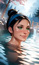 1girl ai_generated black_hair blue_headwear body_theft cherry_blossoms chopsticks chopsticks_in_hair cleavage day eyeshadow green_eyes hair_bun headband hot_spring kitana kitana_(mk11) long_neck mist mortal_kombat mortal_kombat_11 netherrealm_studios pink_lips pointy_nose possession side_view smile smiling submerged_in_water sweat sweating very_sweaty water wet wooden_fence