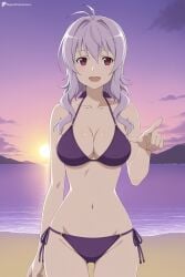 1girl :d ai_generated antenna_hair ass_visible_through_thighs beach bikini breasts cleavage cloud collarbone cowboy_shot digitalwaifugallery groin hair_between_eyes halterneck hi_res high_quality high_resolution horizon index_finger_raised large_breasts long_hair looking_at_viewer navel ocean open_mouth outdoors patreon pointing purple_bikini purple_eyes purple_hair red_eyes seductive sexy side-tie_bikini_bottom sky smile solo standing stomach strea sunset swimsuit sword_art_online twitter_username uncensored watermark