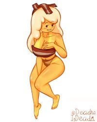adventure_time bikini blush breakfast_princess breasts cleavage deadraisdead headgear long_hair looking_at_viewer navel panties sitting slim_waist smile tagme tanned thick_thighs topwear voluptuous white_hair wide_hips yellow_body