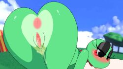16:9 1boy 1girl anthro anus ass_focus ass_up big_ass black_eyelids black_eyes blush blushed_face bun circus clitoris clouds color fellatio forest_background frog frog_girl glitch_productions green_body heart_butt hi_res interspecies long_eyelashes looking_down oral_sex pussy pussy_juice pussy_lips ribbit_(the_amazing_digital_circus) the_amazing_digital_circus thick_thighs zaviel
