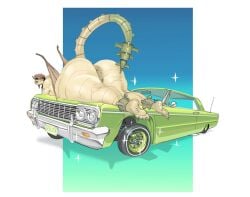 1girls anthro anus ass ass_focus big_ass deadlock fangs gargoyle green_car hat horns ivy_(deadlock) large_ass laying_on_stomach looking_back nose_piercing nude pussy quattrant septum_piercing smiling tail vehicle wings