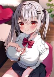 1girl bed bedroom blush breast_suppress breasts chair cleavage clothed gray_hair hair_ornament hair_ribbon highres large_breasts long_hair miwa_uni neck_ribbon no_bra on_chair open_shirt original school_uniform seifuku shirt sitting sitting_on_chair skirt tied_hair twintails