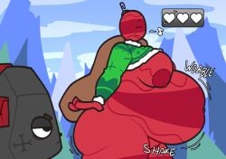 2d 2d_(artwork) bobette_(dandy's_world) bottomless bottomless_female briggeybruh christmas coal_(dandy's_world) color colored dandy's_world fat_belly fat_breasts fat_female gameplay_mechanics health_bar humming nipples outside post_vore post_vore_weight_gain protruding_nipples roblox roblox_game snow tagme wobble wobbling_belly