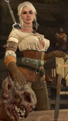 1girl 3d cd_projekt_red choker ciri clothing contract female freckles freckles_on_face gold green_eyes light-skinned_female light_skin mascara missed_call monster no_bra pouch questionable scar sword the_witcher_(series) the_witcher_3:_wild_hunt white_hair wink witcher_medallion