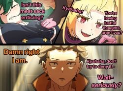 1boy 2girls 2girls1boy big_breasts blonde_hair capella_emerada_lugunica comic crusch_karsten deadpan dialogue green_hair humor mayngomay natsuki_subaru nipple_bulge nipples_visible_through_clothing re:zero_kara_hajimeru_isekai_seikatsu stepping_on_breast text turned_on