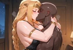 1boy 1girl ai_generated big_breasts black_body blonde_hair blush dark-skinned_male elden_ring female french_kiss huge_breasts hugging hugging_while_kissing human interracial kissing male/female passionate queen_marika_the_eternal straight white_body white_hair youmuu
