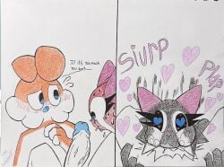 anthro avian bird blue_glans blue_heart blue_mouth blush blushing_profusely bodily_fluids comic dialogue domestic_cat erection eyelashes felid feline felis fellatio female genitals glans heart_eyes heart_symbol if_it's_too_much_you_don't_(meme) lizzie_(lewkandun) male male/female mammal oral oral_penetration owl penetration penile penis pink_heart saliva sex thecountgolden tohomari_(lewkandun) vein veiny_penis