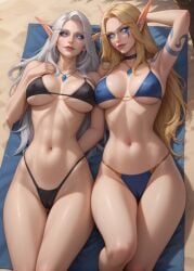 2girls ai_generated alleria_windrunner ass beach bikini blonde_hair breasts cameltoe erect_nipples hands_behind_head lying_on_back panties passion_ai seductive seductive_look seductive_smile sexy_body sexy_female vereesa_windrunner warcraft white_hair world_of_warcraft