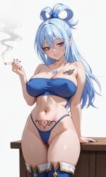 23afterhours ai_generated aqua_(konosuba) aqua_eyes bags_under_eyes blue_eyes blue_fingernails blue_hair cameltoe curvy_body curvy_figure erect_nipples holding_cigarette hooker konosuba large_breasts leaning_on_object leaning_on_table mole_under_mouth pointy_breasts pointy_nipples prostitution smiling smiling_at_viewer tattoo_on_chest tattoos thighhighs womb_tattoo