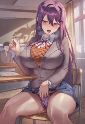 1girls ai_generated aroused big_breasts breasts classroom covered_nipples crotch_rub doki_doki_literature_club drooling excessive_genital_fluids excessive_pussy_juice female female_pervert full-face_blush holding_pen horny huge_breasts lace_panties large_breasts masturbation masturbation_through_clothing naughty_face nokani panties pen public public_indecency public_masturbation purple_panties pussy_juice pussy_juice_drip pussy_juice_stain school_uniform self_upload stealth_masturbation tearing_up thick_thighs tongue_out wide_hips yuri_(doki_doki_literature_club)
