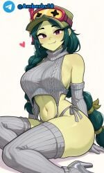 ai_generated alli_(brawl_stars) boobs brawl_stars green_body green_hair green_skin sexy_pose supercell sweater tagme