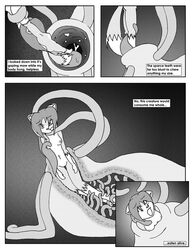 2009 anthro bound breasts comic drugged english_text female foxcat grey_background greyscale hands_tied internal linda_wright monochrome pussy simple_background tentacle terdburgler text vore