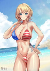 1girl 8eighteye absurdres american_flag american_flag_bikini american_flag_print beach bikini blonde_hair blue_eyes blue_sky braid breasts cleavage cloud colorado_(kantai_collection) commentary_request crown_braid dated day flag_print flag_print_bikini hand_on_own_hip highleg highleg_bikini highres horizon kantai_collection large_breasts ocean outdoors print_bikini short_hair side-tie_bikini_bottom side_braid sky solo standing swimsuit twitter_username