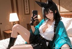 1girl ai_generated animal_ears bangs bed belt black_footwear black_gloves black_hair black_skirt boots braid breasts cellphone cleavage closed_mouth collared_shirt fingerless_gloves gloves hair_over_shoulder holding holding_phone hoshimi_miyabi indoors kermixx lamp large_breasts long_hair looking_at_viewer on_bed open_clothes phone pleated_skirt red_eyes selfie shiny shiny_skin shirt sitting skirt smartphone smile solo white_shirt zenless_zone_zero