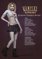 3d blonde_female blonde_hair breasts choker cleavage_cutout description english_text female heterochromia high_heels_boots highres jeanette_voerman long_nails makeup makeup_running medium_breasts miniskirt pale_skin pigtails skirt solo solo_female stockings text tied_hair tied_shirt vampire vampire_girl vampire_the_masquerade vampire_the_masquerade_bloodlines world_of_darkness