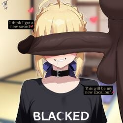 artoria_pendragon artoria_pendragon_(fate) bbc_slave big_balls big_black_cock black_shirt blacked blacked_clothing blonde blonde-haired_female blonde_hair cant_see_the_haters collar cuckold cuckold_pov dark-skinned_male dark_skin dog_collar dominant fat_male fate/stay_night fate_(series) interracial lord_dante lorddantesito netorare ntr penis_covering_eyes saber saliva_drip smug smug_smile submissive submissive_female