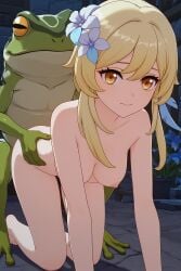 ai_generated all_fours blonde_female blonde_hair female_penetrated frog genshin_impact hoyoverse interspecies lumine_(genshin_impact) mihoyo monster naked naked_female sex sex_from_behind