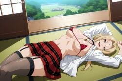 ai_generated bikini_pull blonde_hair brown_eyes daytime deik0 happy indoors large_breasts long_hair looking_at_viewer low_twintails lying lying_on_back mature_female milf naruto naruto_(series) naruto_shippuden nipple_slip on_back open_clothes open_mouth open_shirt pleated_skirt smile solo tsunade tsunade_(naruto) tsunade_senju twintails white_shirt