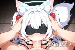 1girl ai_assisted ai_generated balls_deep deep deepthroat detailed detailed_background dominated facing_viewer fluffy_tail halo hands_behind_back high_quality highres petite_body pov ripped_clothes sitting_on_knees skinny small_breasts small_tits tiny_tits twintails young