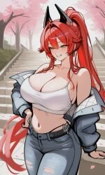 2d ai_generated big big_ass big_breasts blush breast_focus breasts_bigger_than_head cherry_blossoms cleavage collarbone curvy denim denim_jacket distracted hand_on_hip headgear headwear hot jeans leaning long_hair long_sleeves nikke orange_eyes really_long_hair red_hair red_hood_(nikke) red_hood_(retro_days)_(nikke) seductive sexy_pose shoulders sideboob smile staircase white_crop_top