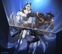 5_fingers 7_tails abs against_surface alternate_species anal anal_penetration animal_genitalia animal_penis anthro anthro_on_anthro anthro_penetrated anthro_penetrating anthro_penetrating_anthro athletic athletic_anthro athletic_male balls big_penis black_body black_fur black_hair black_nose canid canine djoser_(psychoh13) duo ear_piercing ear_ring equid equine equine_genitalia equine_penis erection fingers fox fur genitals grey_body grey_fur hair hi_res hooves horse humanoid_hands male male/male male_penetrated male_penetrating male_penetrating_male mammal multi_tail multicolored_body multicolored_fur nipples nivhis nude nude_anthro nude_male on_glass penetration penile penile_penetration penis penis_in_ass piercing ring_piercing sex skiffkhariben tail two_tone_body two_tone_fur white_body white_fur
